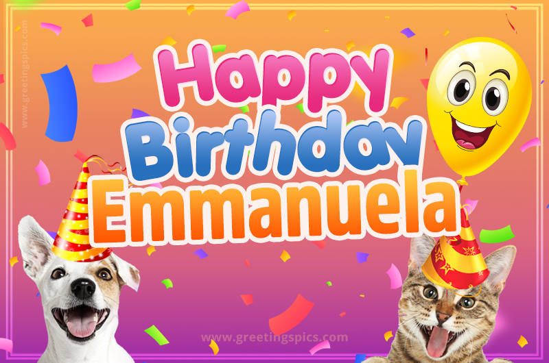 Happy Birthday Emmanuela Funny Image with cat and dog