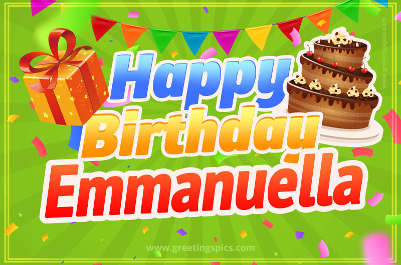 Happy Birthday Emmanuella picture with flags, chocolate cake and gift box