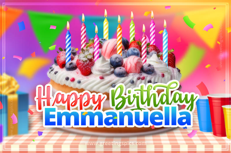 Happy Birthday Emmanuella Colorful Image with fruit cake and candles