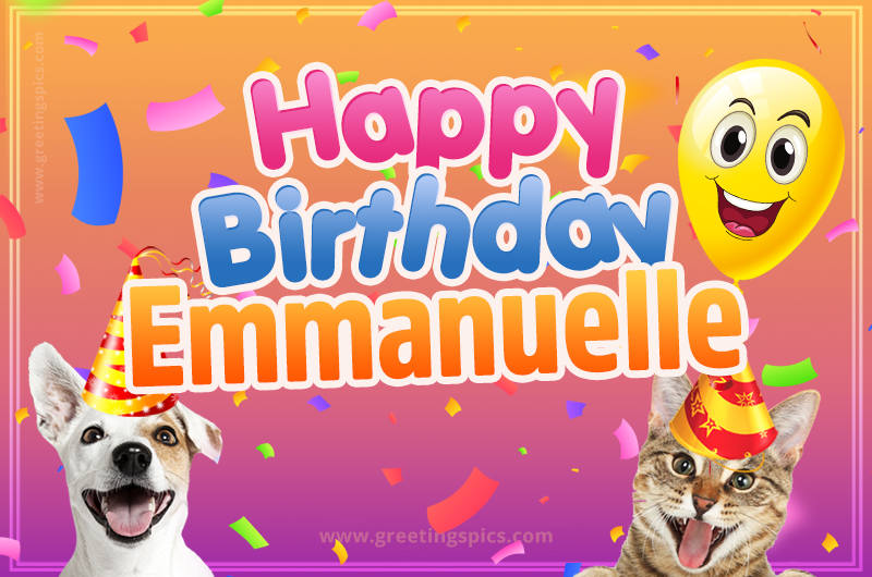 Happy Birthday Emmanuelle Funny Image with cat and dog