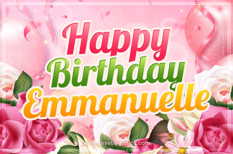 Image with gentle pink background and flowers Happy Birthday Emmanuelle