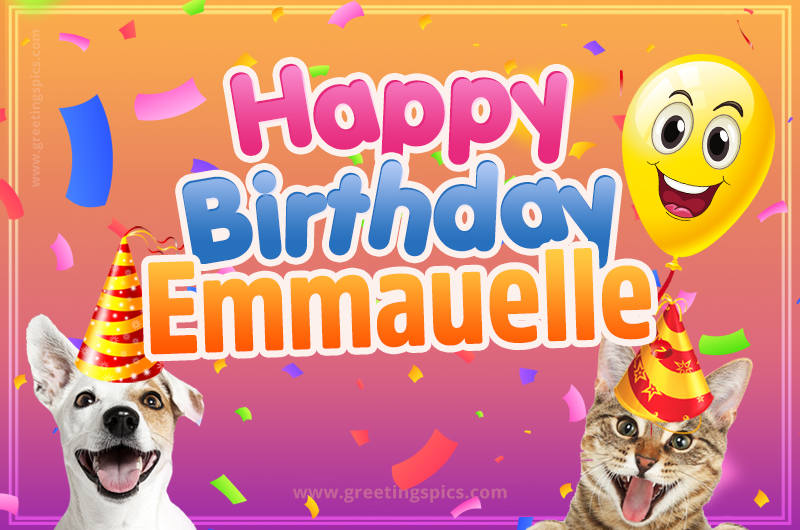 Happy Birthday Emmauelle Funny Image with cat and dog