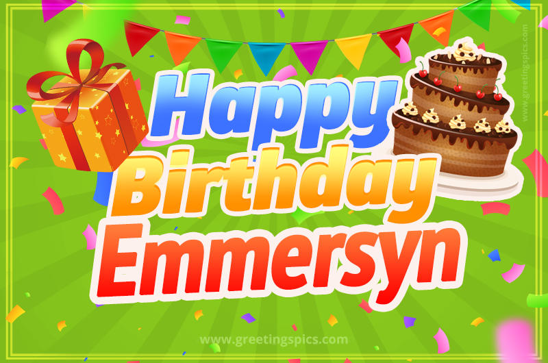 Happy Birthday Emmersyn picture with flags, chocolate cake and gift box