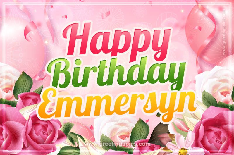 Image with gentle pink background and flowers Happy Birthday Emmersyn