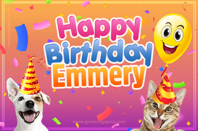 Happy Birthday Emmery Funny Image with cat and dog