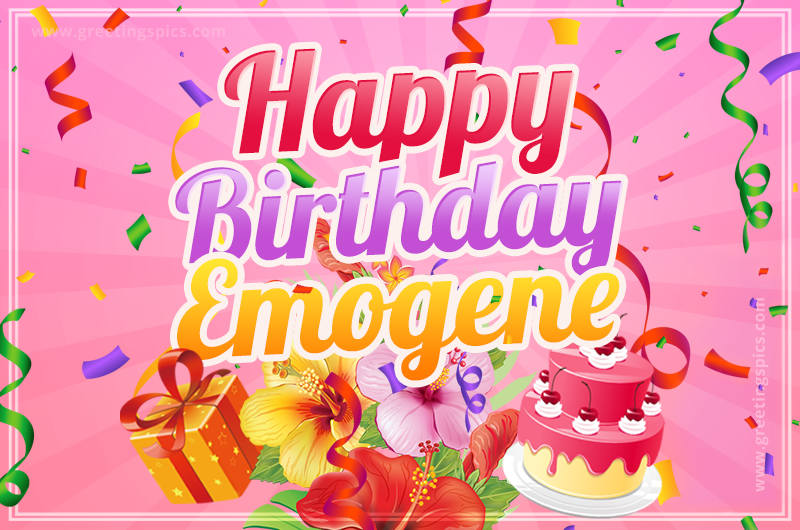 Beautiful Birthday Card for Emogene with Cake and bouquet of flowers