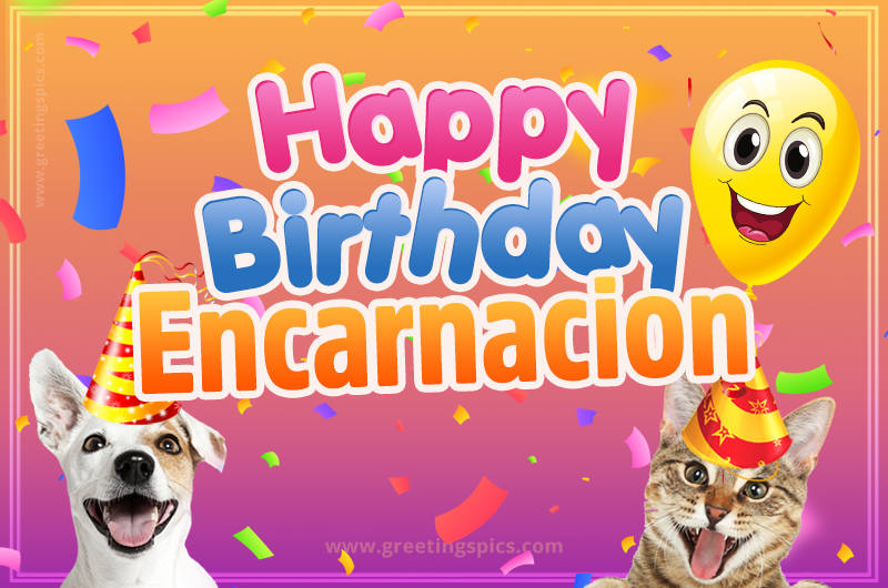 Happy Birthday Encarnacion Funny Image with cat and dog