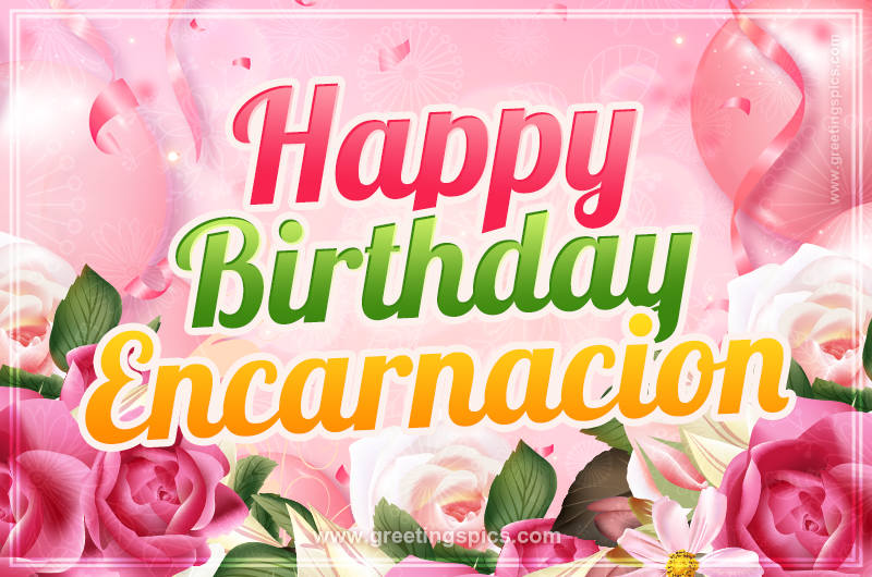 Image with gentle pink background and flowers Happy Birthday Encarnacion