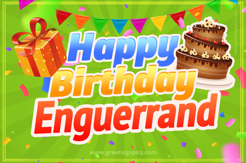 Happy Birthday Enguerrand picture with flags, chocolate cake and gift box