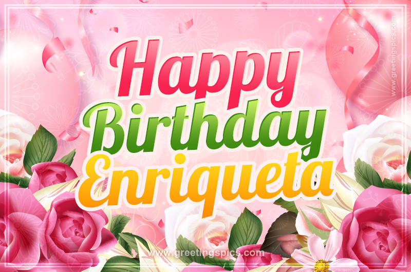 Image with gentle pink background and flowers Happy Birthday Enriqueta