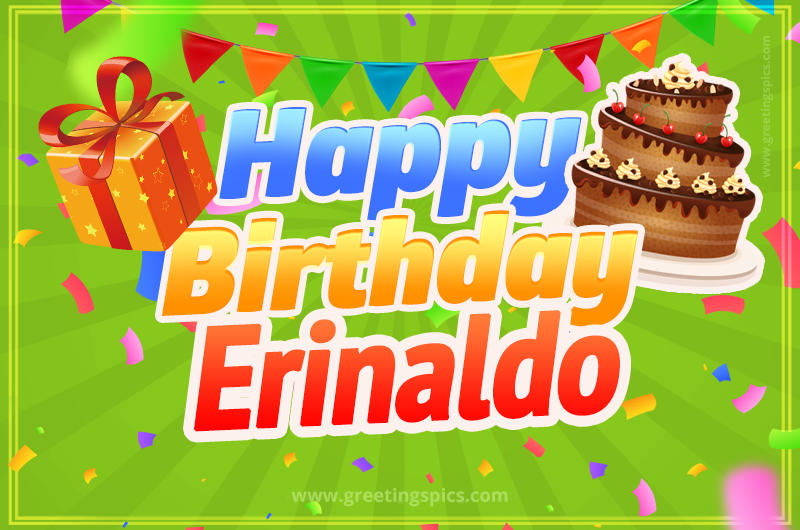 Happy Birthday Erinaldo picture with flags, chocolate cake and gift box