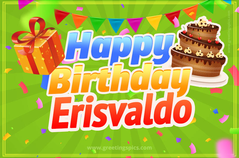 Happy Birthday Erisvaldo picture with flags, chocolate cake and gift box