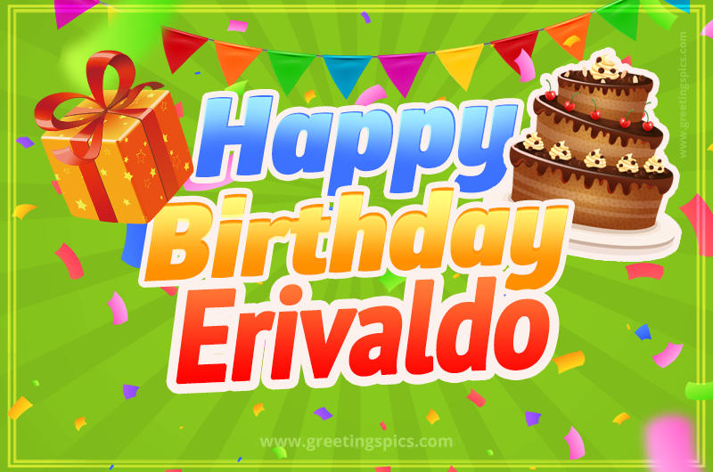 Happy Birthday Erivaldo picture with flags, chocolate cake and gift box