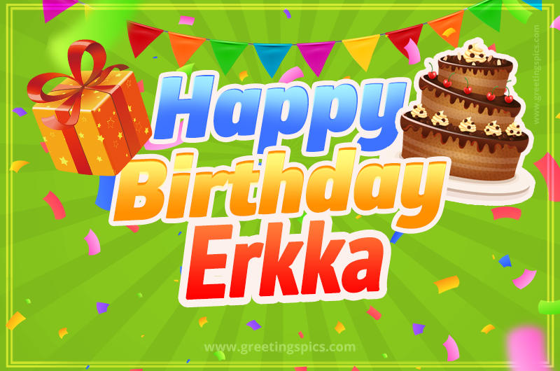 Happy Birthday Erkka picture with flags, chocolate cake and gift box