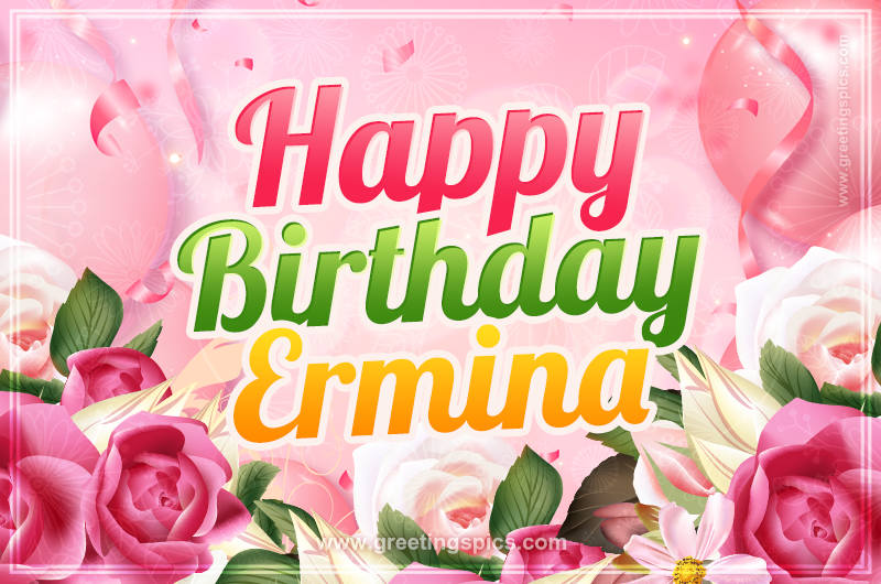 Image with gentle pink background and flowers Happy Birthday Ermina