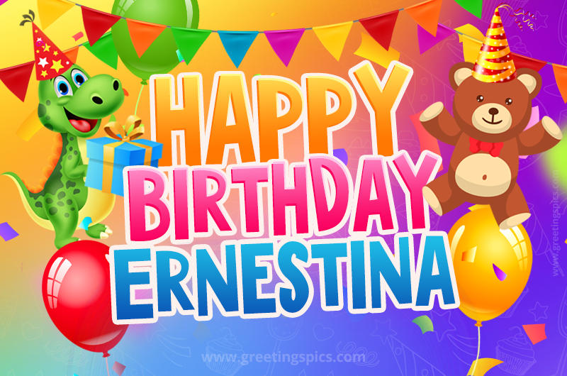 Happy Birthday Ernestina Image for a child with cute dinosaur and bear