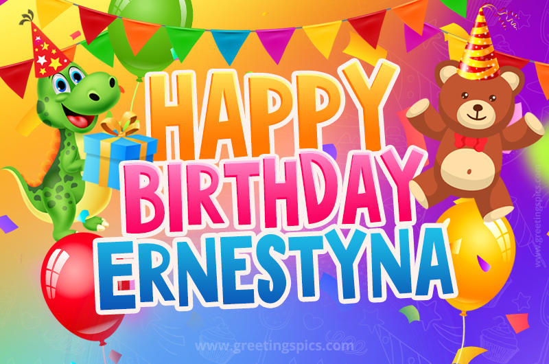 Happy Birthday Ernestyna Image for a child with cute dinosaur and bear