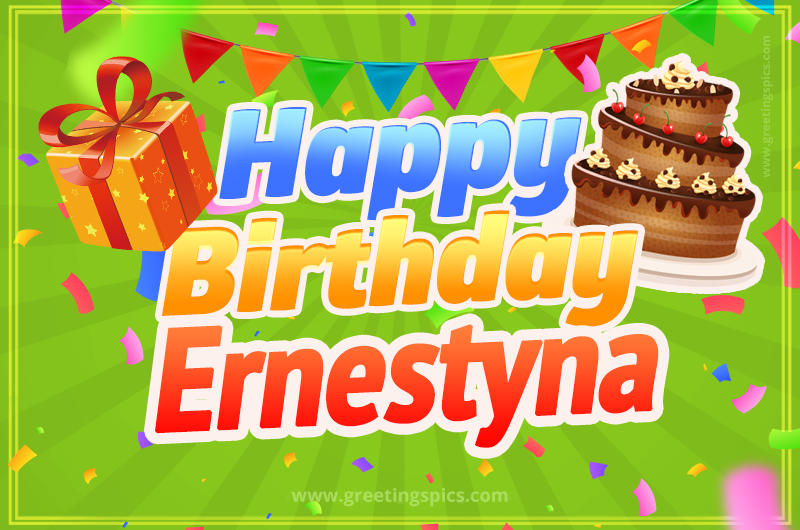 Happy Birthday Ernestyna picture with flags, chocolate cake and gift box