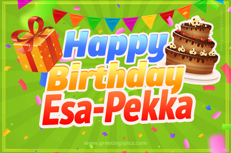 Happy Birthday Esa-Pekka picture with flags, chocolate cake and gift box