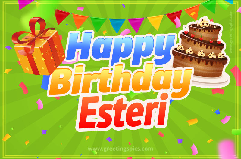 Happy Birthday Esteri picture with flags, chocolate cake and gift box