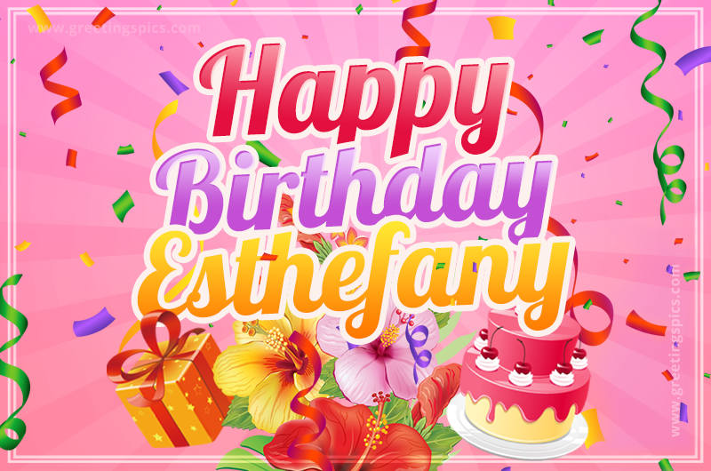 Beautiful Birthday Card for Esthefany with Cake and bouquet of flowers