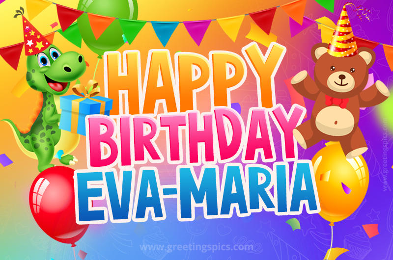 Happy Birthday Eva-Maria Image for a child with cute dinosaur and bear