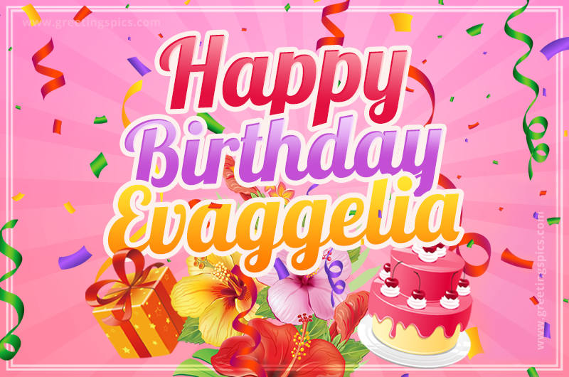 Beautiful Birthday Card for Evaggelia with Cake and bouquet of flowers