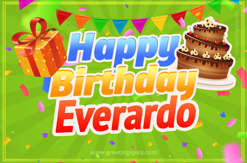 Happy Birthday Everardo picture with flags, chocolate cake and gift box