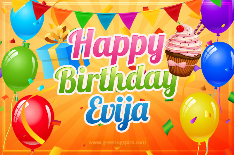 Happy Birthday Evija eCard with gift box and cupcake