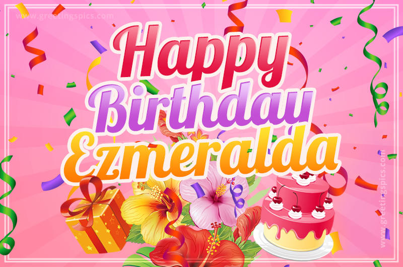 Beautiful Birthday Card for Ezmeralda with Cake and bouquet of flowers