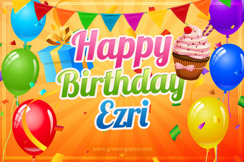 Happy Birthday Ezri eCard with gift box and cupcake