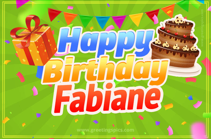 Happy Birthday Fabiane picture with flags, chocolate cake and gift box