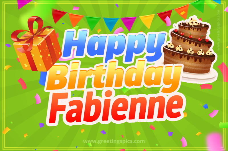 Happy Birthday Fabienne picture with flags, chocolate cake and gift box