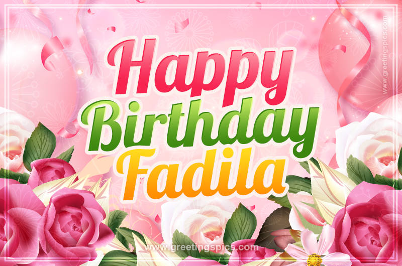 Image with gentle pink background and flowers Happy Birthday Fadila