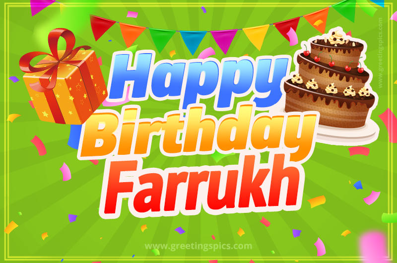 Happy Birthday Farrukh picture with flags, chocolate cake and gift box