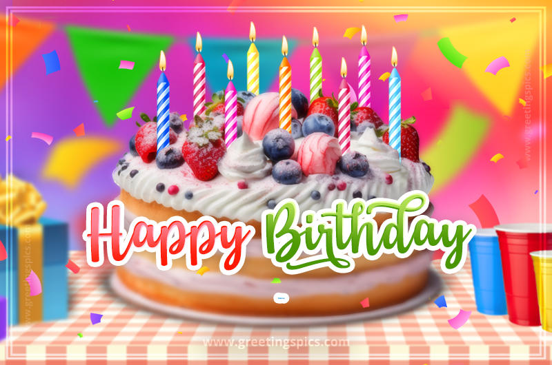 Happy Birthday Fatma Colorful Image with fruit cake and candles