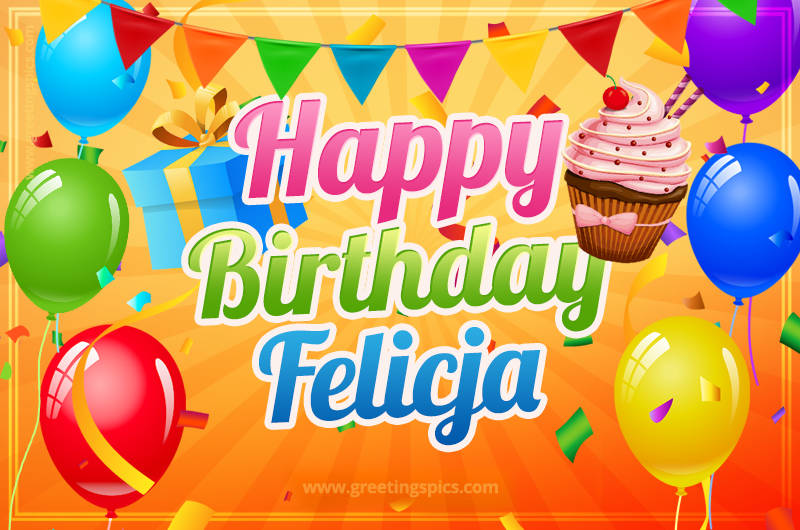 Happy Birthday Felicja eCard with gift box and cupcake