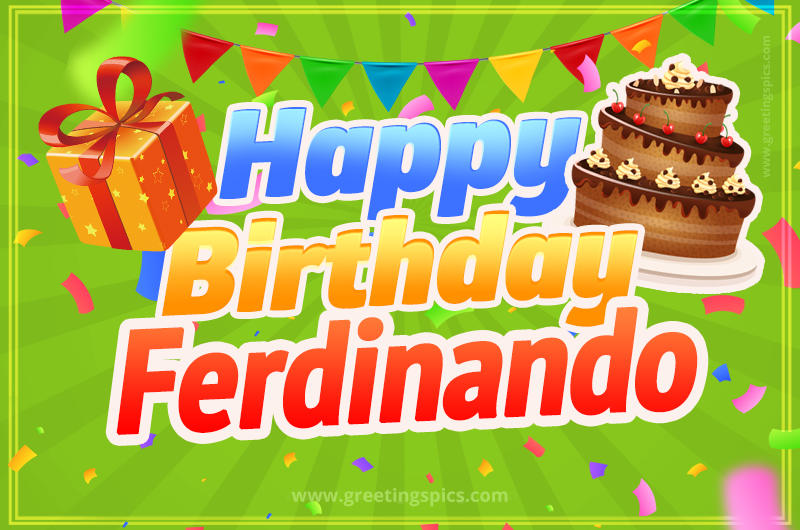 Happy Birthday Ferdinando picture with flags, chocolate cake and gift box