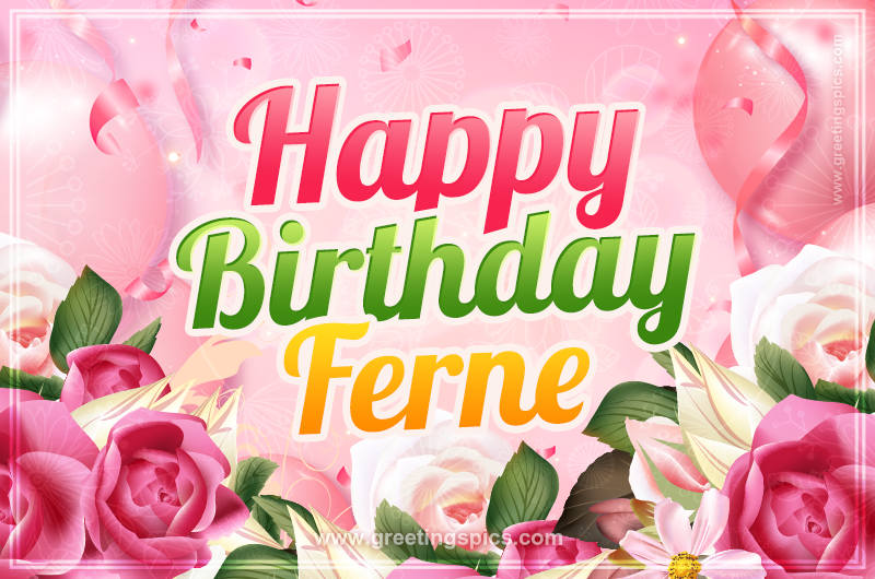 Image with gentle pink background and flowers Happy Birthday Ferne