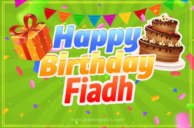 Happy Birthday Fiadh picture with flags, chocolate cake and gift box