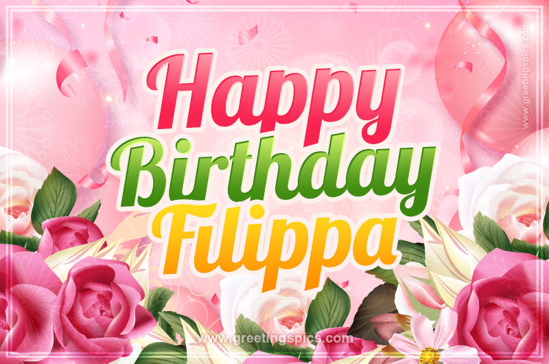 Image with gentle pink background and flowers Happy Birthday Filippa