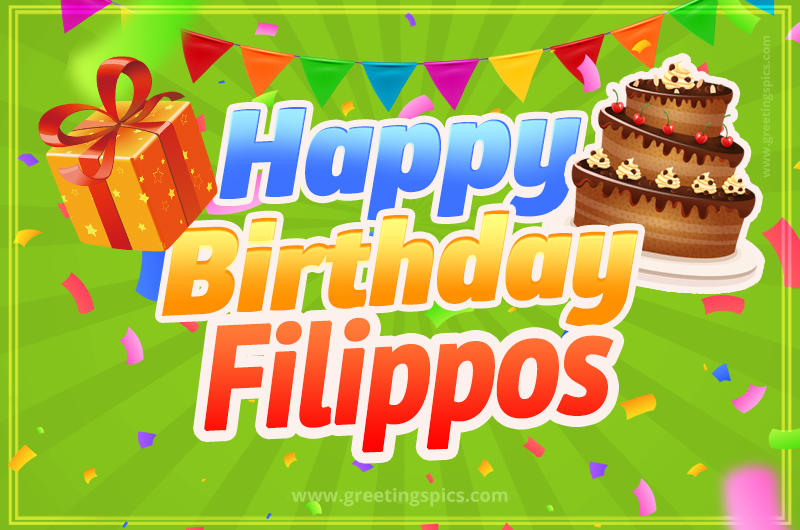 Happy Birthday Filippos picture with flags, chocolate cake and gift box