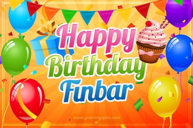 Happy Birthday Finbar eCard with gift box and cupcake