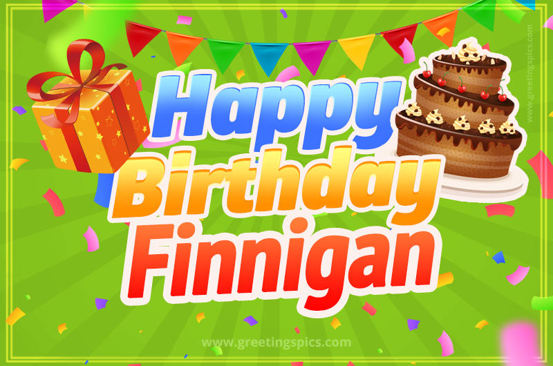 Happy Birthday Finnigan picture with flags, chocolate cake and gift box