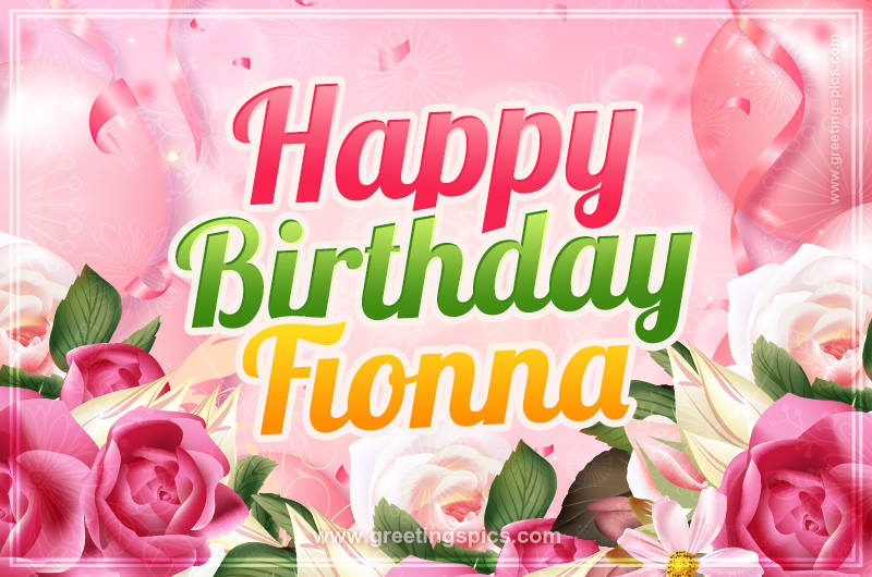 Image with gentle pink background and flowers Happy Birthday Fionna