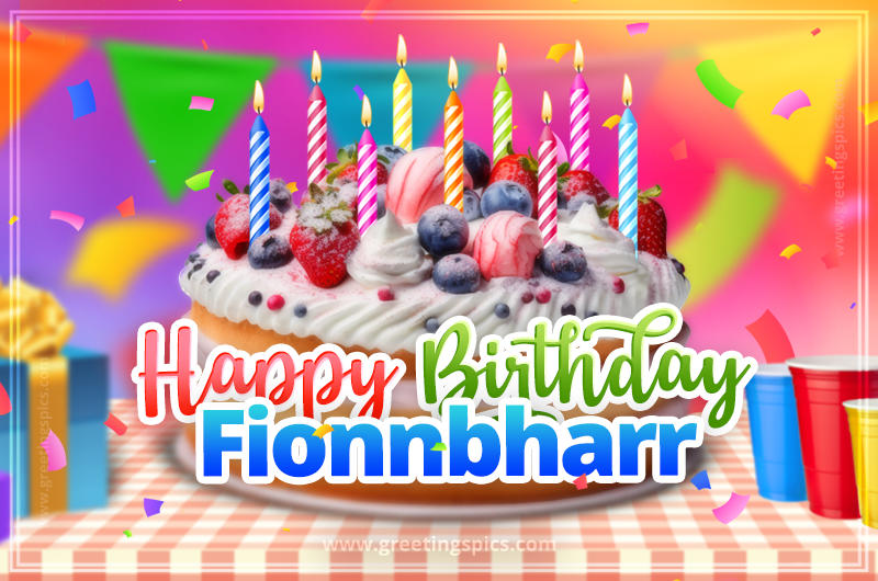 Happy Birthday Fionnbharr Colorful Image with fruit cake and candles