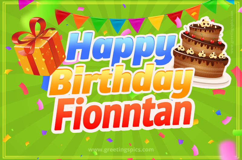 Happy Birthday Fionntan picture with flags, chocolate cake and gift box