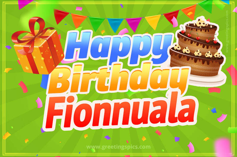 Happy Birthday Fionnuala picture with flags, chocolate cake and gift box