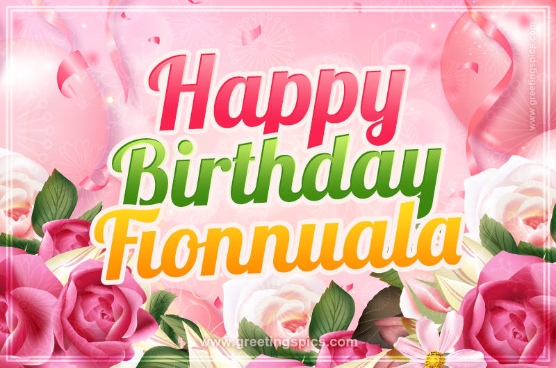 Image with gentle pink background and flowers Happy Birthday Fionnuala