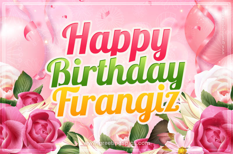 Image with gentle pink background and flowers Happy Birthday Firangiz